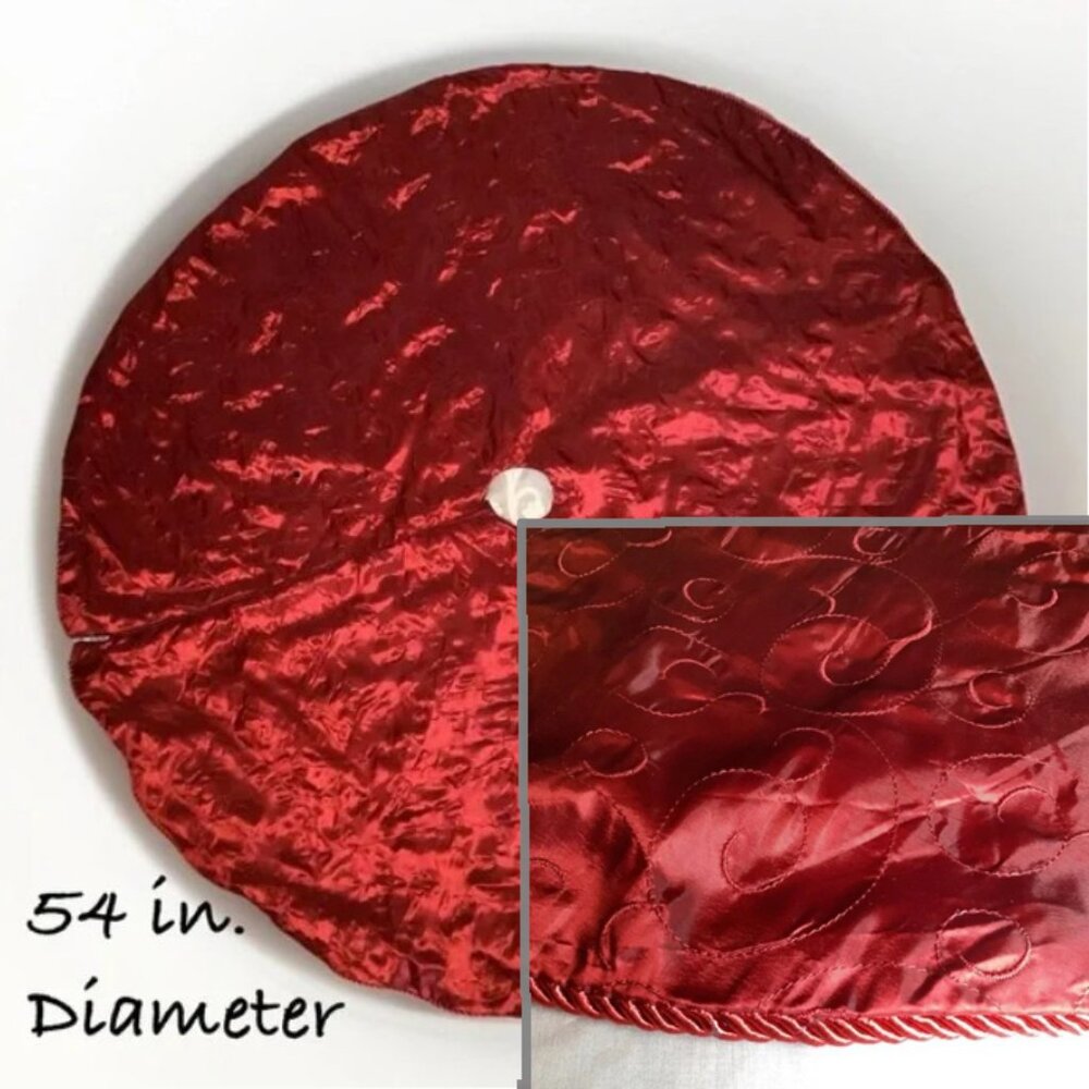 Christmas Tree Skirt Burgundy Satin With Filigree Stitching Rope Braid  Trim 54”
